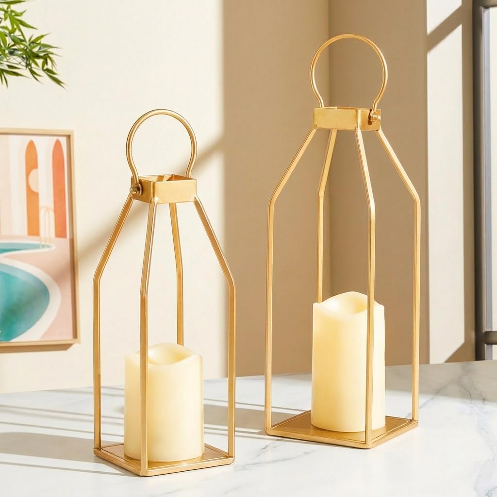 Perfnique Modern Farmhouse Lantern Decor, 15'' 13'' Set of 2 Black Metal Lantern, 2 LED 6hr Timer Flameless Candles ＆ Remote Timer, Lanterns Decorative for Outdoor, Home, Indoor, Patio, Christmas