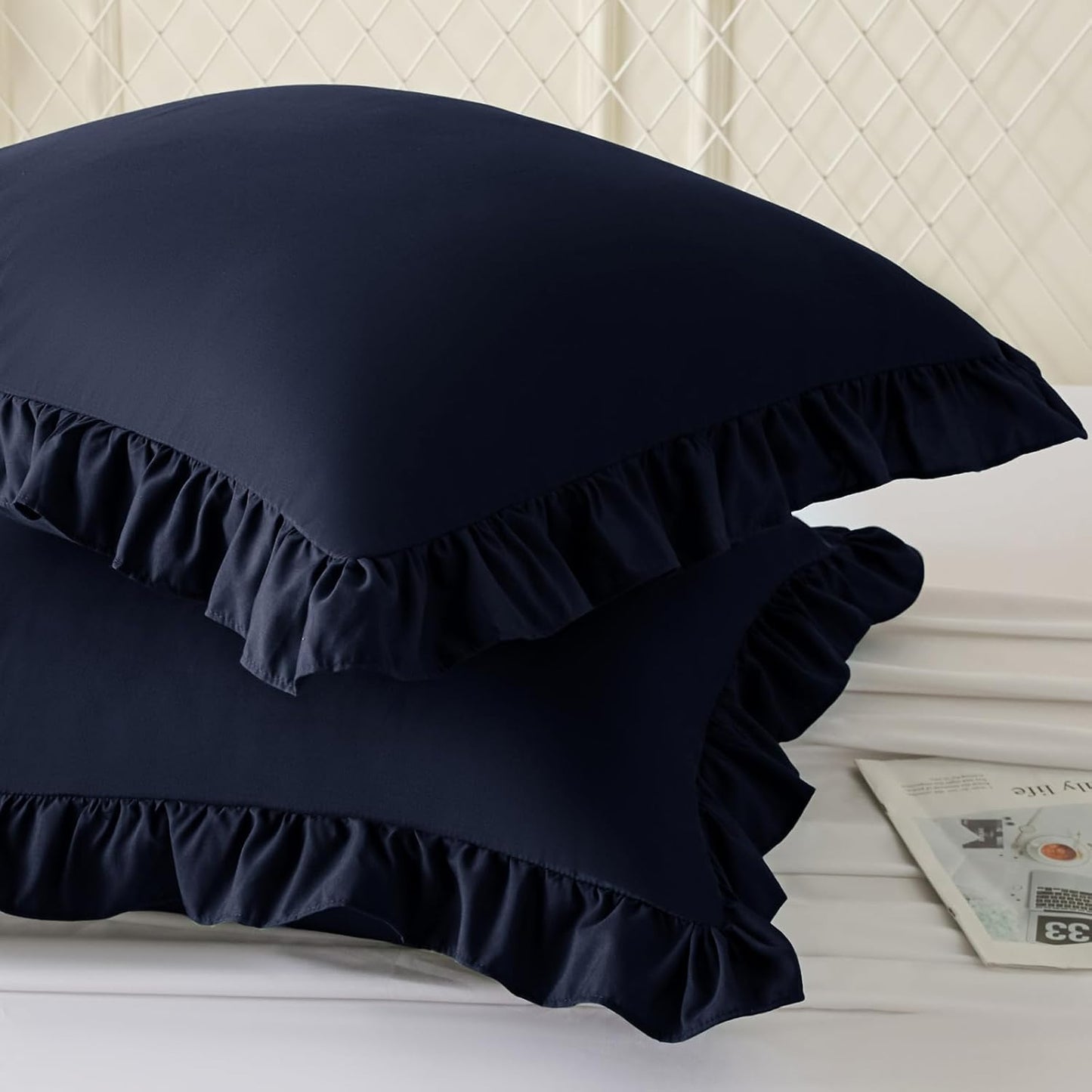 KKJIAF Ruffle Pillow Cases 26x26 Inches, White Square Ruffled Pillow Covers Set of 2, Microfiber Wrinkle Resistant Pillow Shams with Envelope Closure for Sofa Bed Living Room