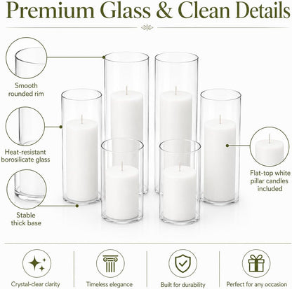 Set of 6 White Pillar Candles with Clear Glass Hurricane Holders- Elegant Cylinder Candle Vases for Weddings, Parties, Centerpieces, Home & Office Decor (White, 6 Set)