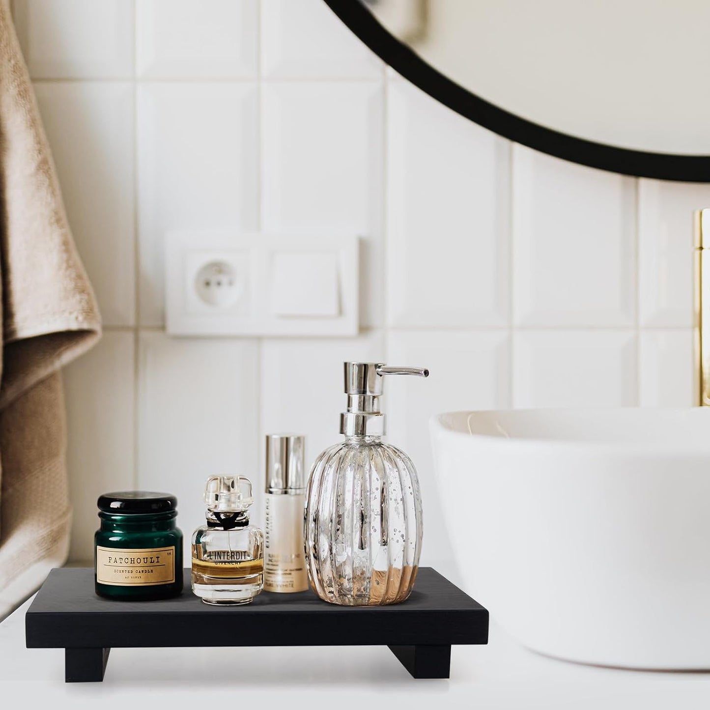 Black Bathroom Vanity Organizer Tray for Countertop Small Wooden Pedestal Stand Farmhouse Kitchen Sink Tray Decorative Hand Soap Dish Dispenser Holder Wood Risers Modern Bathroom Decor Accessories