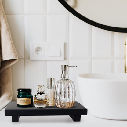 Black Bathroom Vanity Organizer Tray for Countertop Small Wooden Pedestal Stand Farmhouse Kitchen Sink Tray Decorative Hand Soap Dish Dispenser Holder Wood Risers Modern Bathroom Decor Accessories