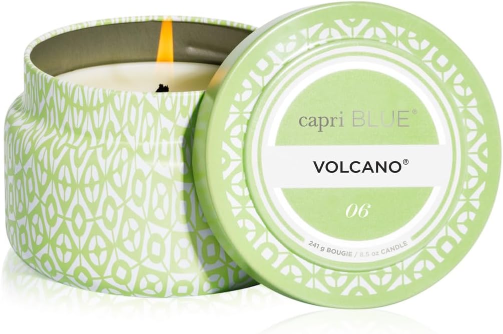 Capri Blue Volcano Printed Travel Tin Jar Candle - Luxury Candle with a Long Lasting Soy Wax Blend - Scented with Tropical & Fruity Fragrance (White Color, 8.5 oz)