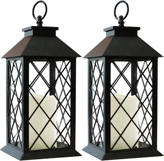 2-Pack 13.5" Vintage Candle Lantern with LED Pillar Candle (Black, 6hr Timer) - IP44 Waterproof Battery Powered Decorative Light - Outdoor Patio Hanging Lantern Decorative Tabletop Light
