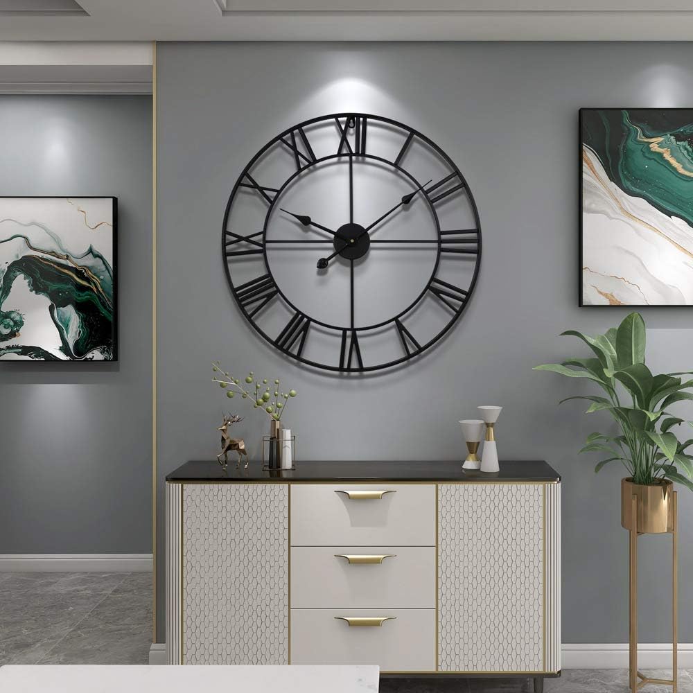 LEIKE 16" Large Wall Clocks Battery Operated, Round Modern Silent Non-Ticking Black Metal Wall Clock for Living Room Decor, Bedroom Kitchen (40cm Diameter, Black Roman Number)