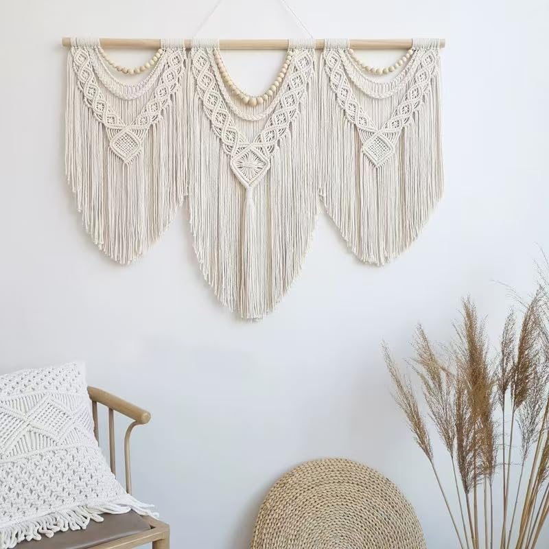oiikain Large Handmade Boho Macrame Wall Hanging Tapestry - Chic Bohemian Woven Home Decor art for Living Room, Bedroom, and Wedding Parties (Beige, twelve rhombus)