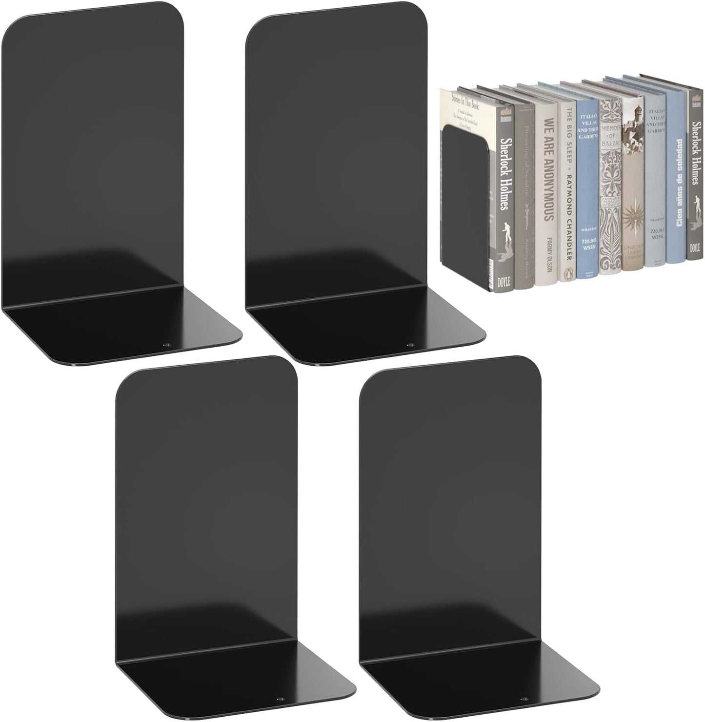VFINE Bookends 4 Pairs, Black Metal Book Ends, Bookends for Shelves, Book Stopper for Heavy Books, Book Dividers for Home Office School Supplies