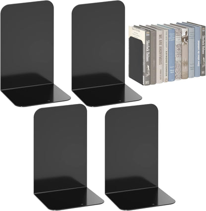VFINE Bookends 4 Pairs, Black Metal Book Ends, Bookends for Shelves, Book Stopper for Heavy Books, Book Dividers for Home Office School Supplies