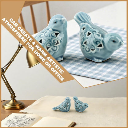 Set of 2 Blue Ceramic Bird Figurines, Glazed Bird Statues with Flower Detail, Farmhouse Modern Home Decor for Shelves, Bookcase, TV Stand, Entryway, Desk