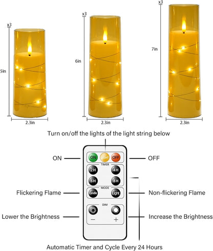 Nimiko Flickering Flameless LED Candles, 9 Pcs with Embedded Star String, Acrylic LED Pillar Candles with Remote, Suitable for Home Decoration (White)