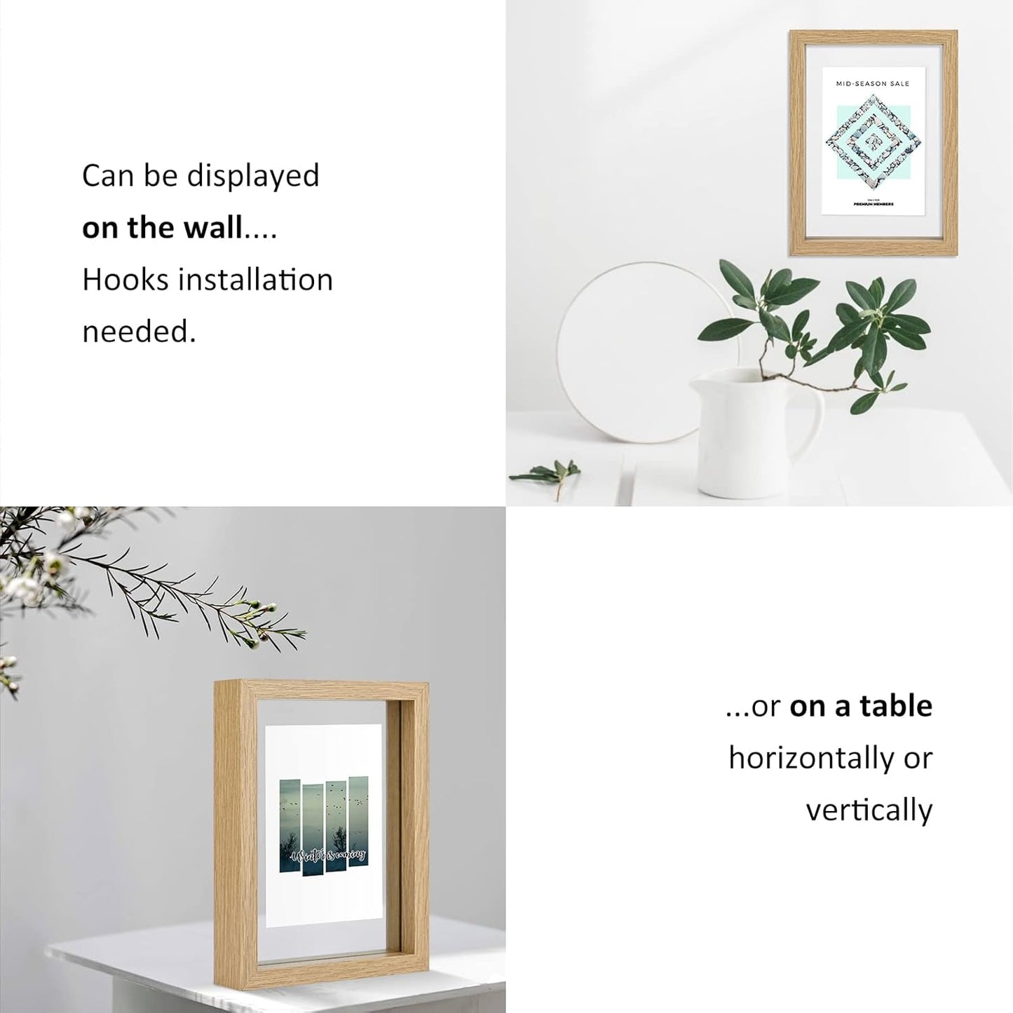 MUYE 11x14 Floating Frame Set of 2,Double Glass Rustic Frame,Display Any Size Photo up to 11x14,Wall Mount or Tabletop Standing,Natural