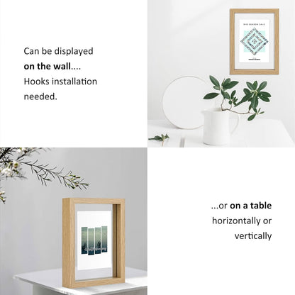 MUYE 11x14 Floating Frame Set of 2,Double Glass Rustic Frame,Display Any Size Photo up to 11x14,Wall Mount or Tabletop Standing,Natural