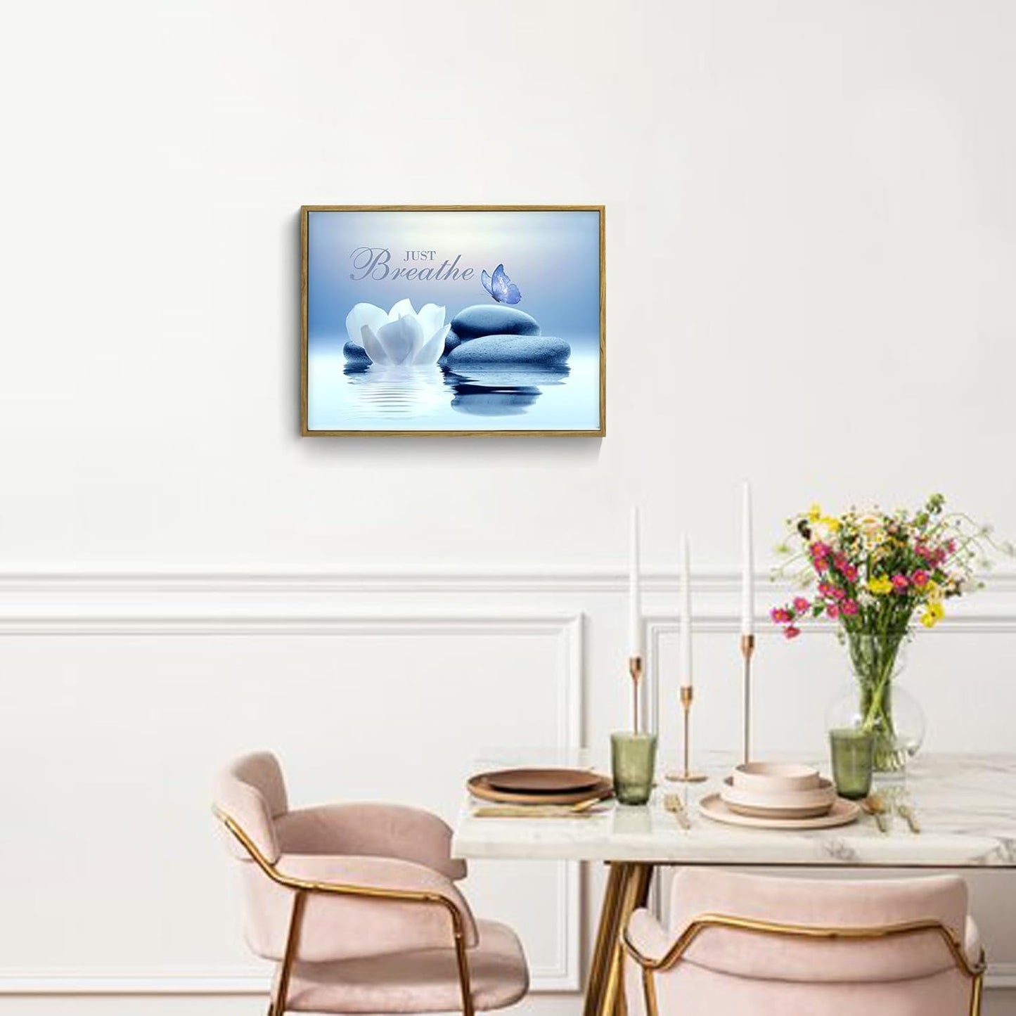 EOBTAIN Zen Flower Canvas Wall Art Bathroom Butterfly and Water Lily Stone Relaxing Spiritual Yoga Framed Wall Art Just Breathe Pictures Canvas Wall Decor for Living Room Bedroom,12x16 Inches