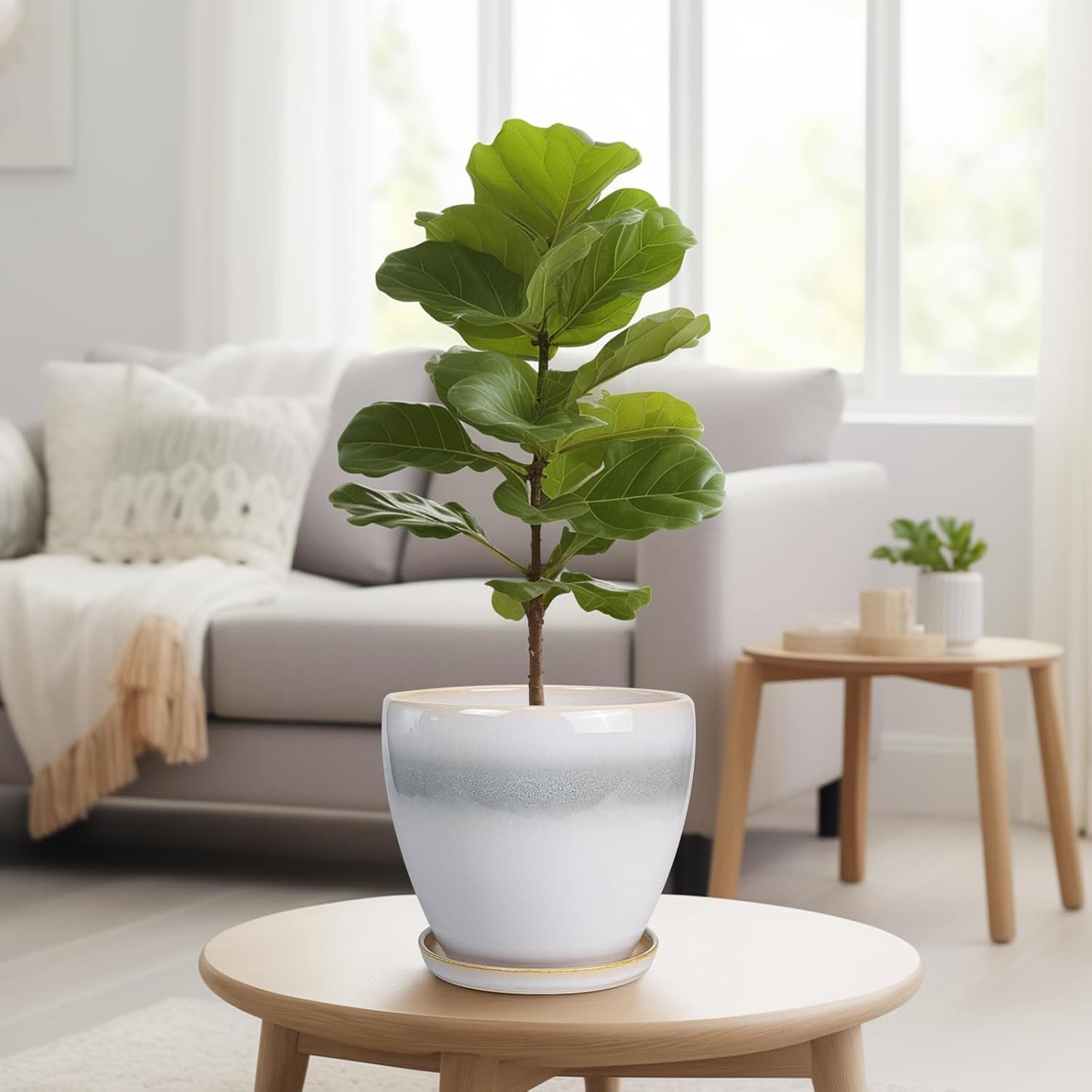 10 Inch Ceramic Planter Pot Round Plant Pot for Indoor Plants Outdoor Large Flower Pot with Drainage Hole and Saucer Blue