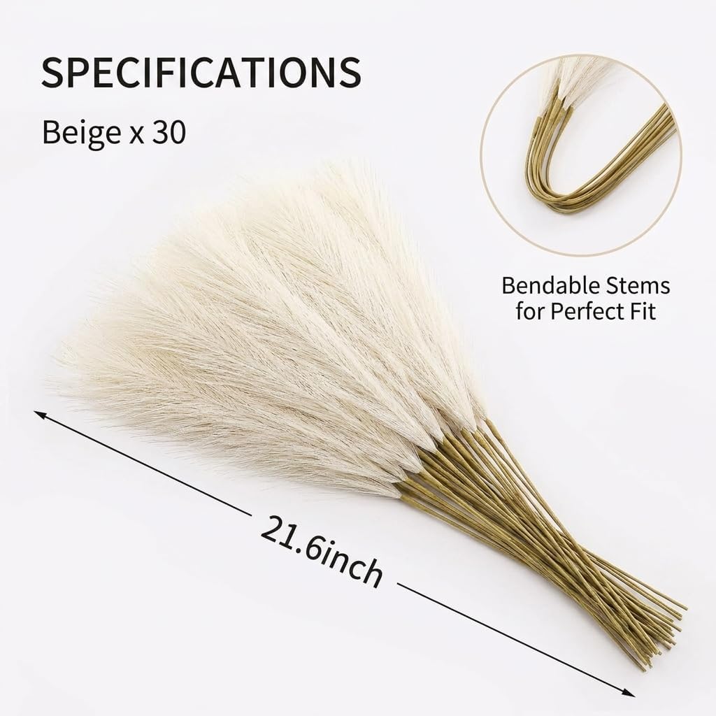 Pampas Grass Decor 21.7 Inch 30pcs, Faux Pampas Grass White Beige Brown Ultra Fluffy No Shedding for Boho Home Bedroom Wedding Vase Filler Dried Flower Arrangement