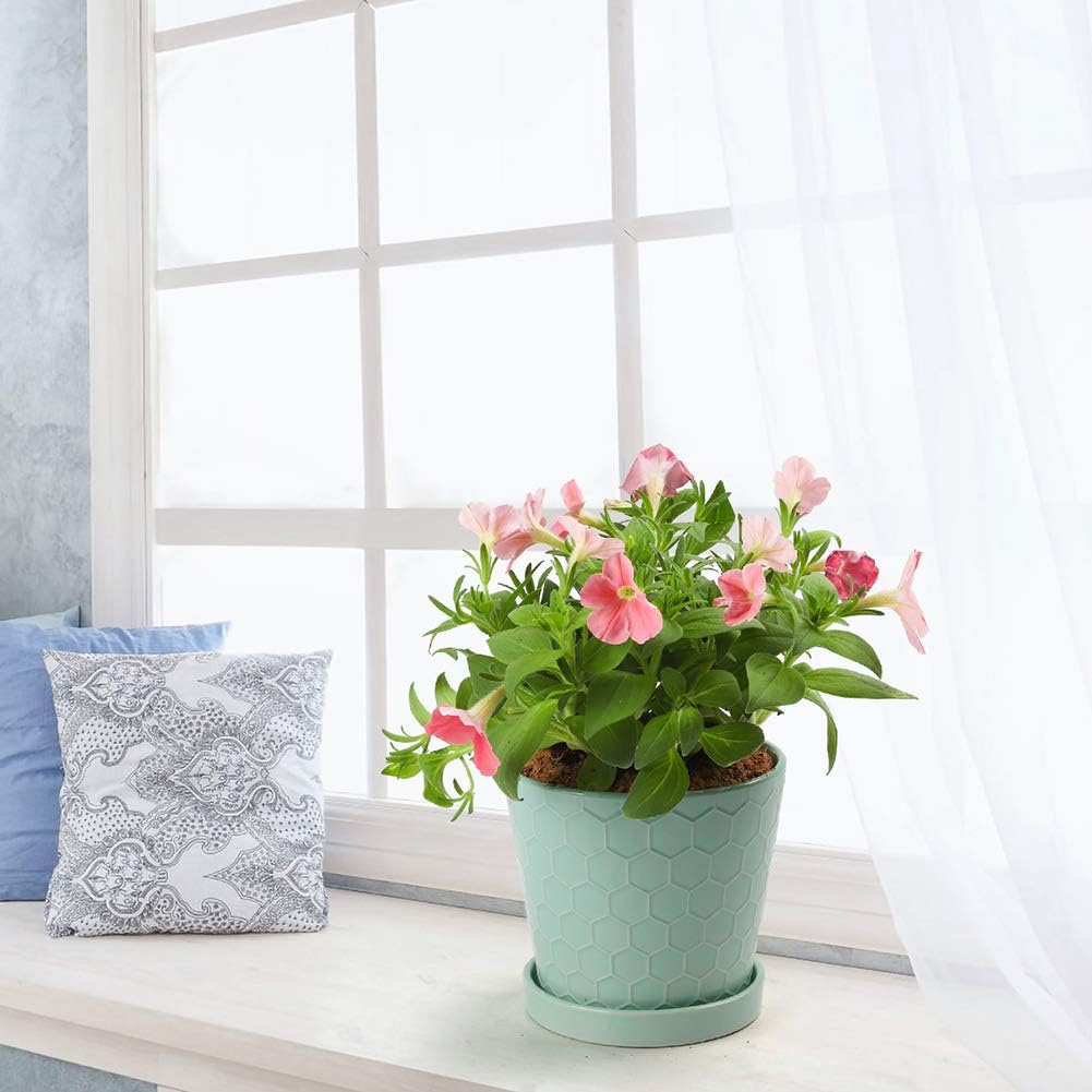 BUYMAX Plant Pots Indoor –5 inch Ceramic Flower Pot with Drainage Hole and Ceramic Tray - Gardening Home Desktop Office Windowsill Decoration Gift, Set of 4-Plants NOT Included (Patina)
