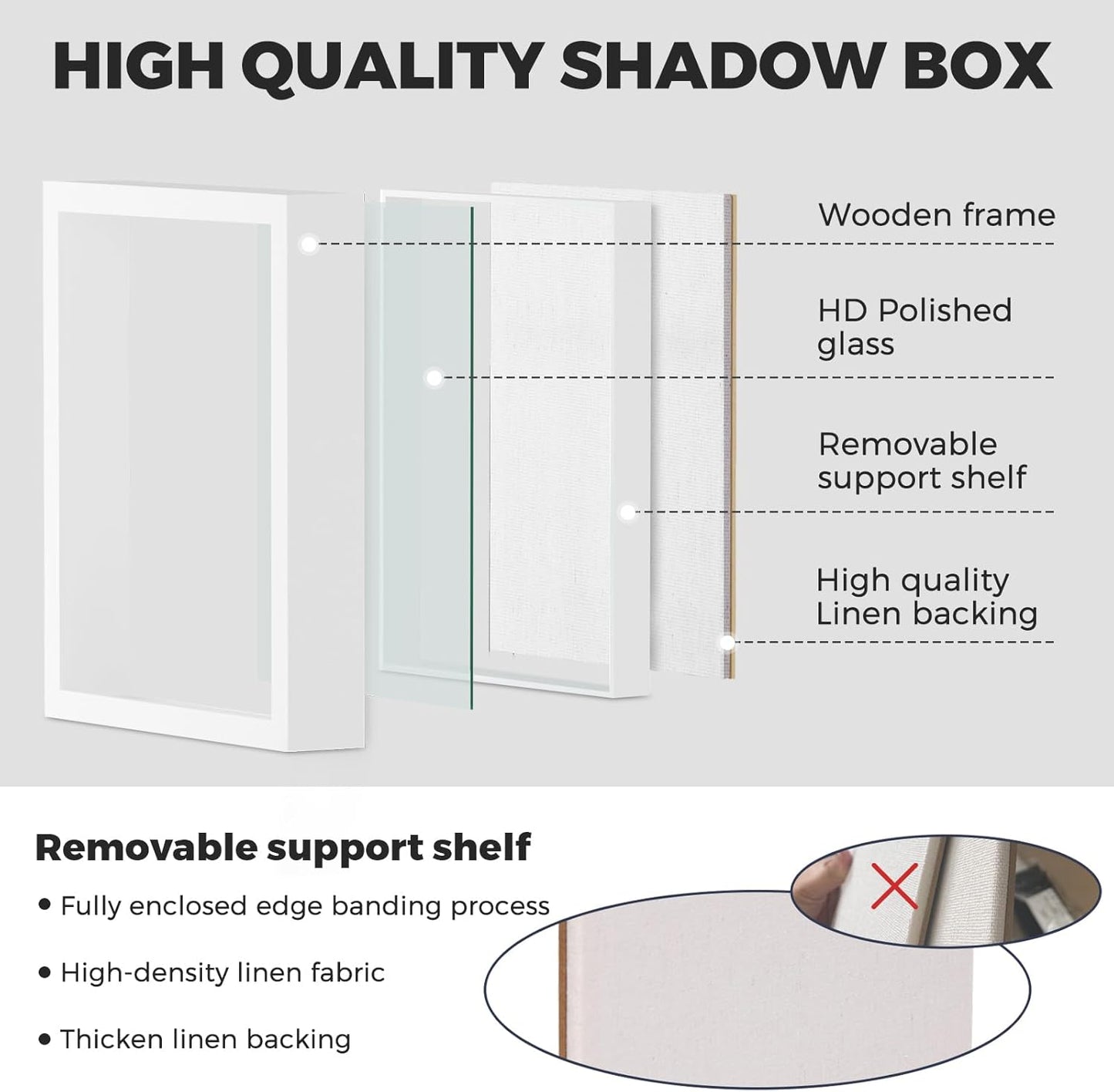 Muzilife 8x8 Shadow Box Picture Frame with Linen Board - Deep Wood & Glass Display Case Ready to Hang Memory Box Baby Sports Memorabilia, Pins, Awards, Medals, Wedding, Tickets and Photos (Black)