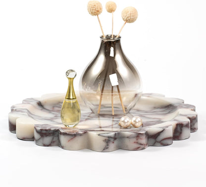 Marble Perfume Tray with Legs - Oval Decorative Stone Pedestal for Bathroom Vanity Coffee Table Kitchen Countertop, Footed Jewelry Candle Organizers Catchall Plate Riser with Scalloped Feet