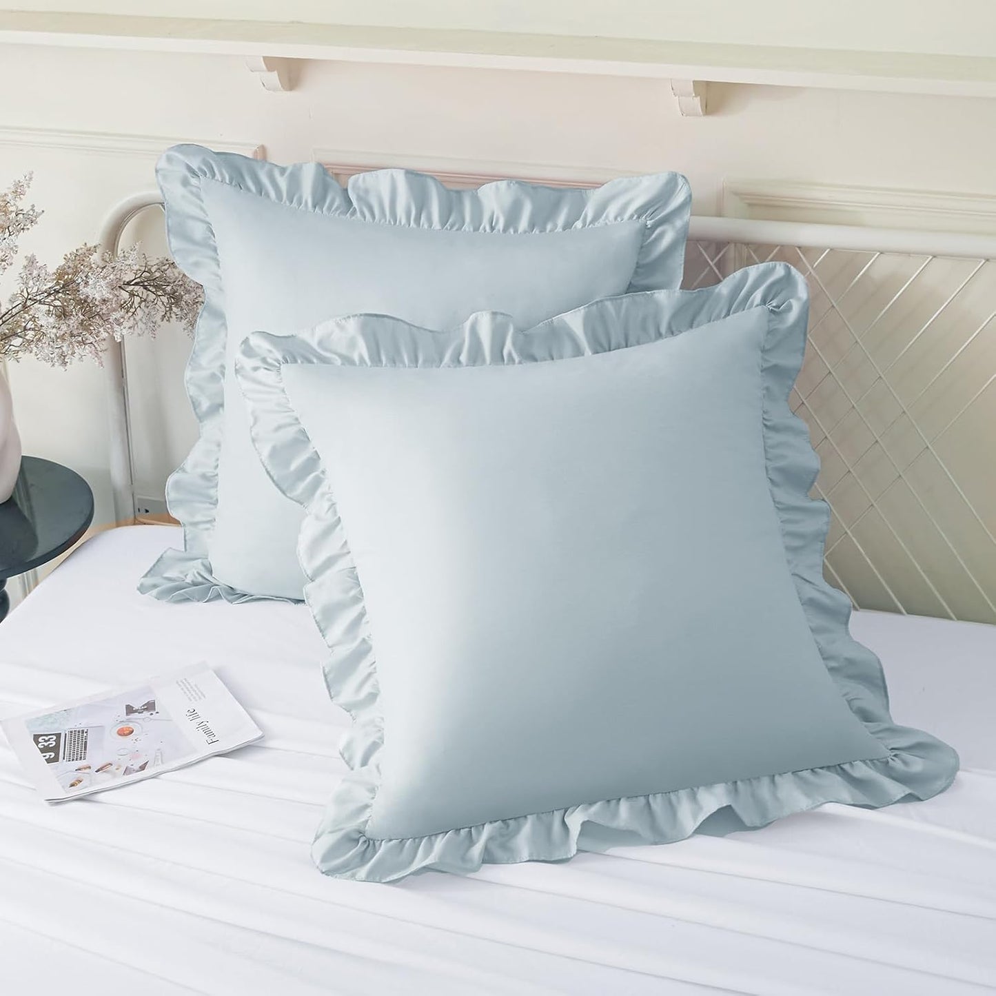 KKJIAF Ruffle Pillow Cases 26x26 Inches, White Square Ruffled Pillow Covers Set of 2, Microfiber Wrinkle Resistant Pillow Shams with Envelope Closure for Sofa Bed Living Room