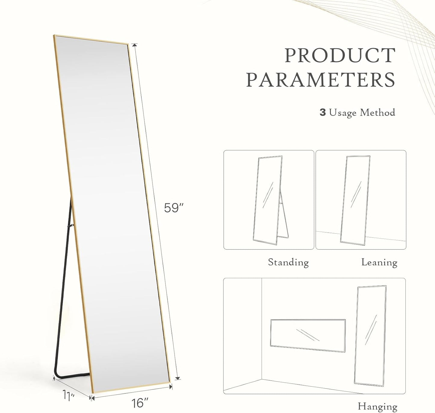Mirror Full Length, Upgraded Body Wall Mirrors with Shatter-Proof Glass, Floor Standing, Hanging or Leaning, Tall Mirror with Stand Aluminum Alloy Frame for Bedroom