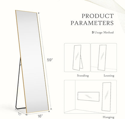 Mirror Full Length, Upgraded Body Wall Mirrors with Shatter-Proof Glass, Floor Standing, Hanging or Leaning, Tall Mirror with Stand Aluminum Alloy Frame for Bedroom