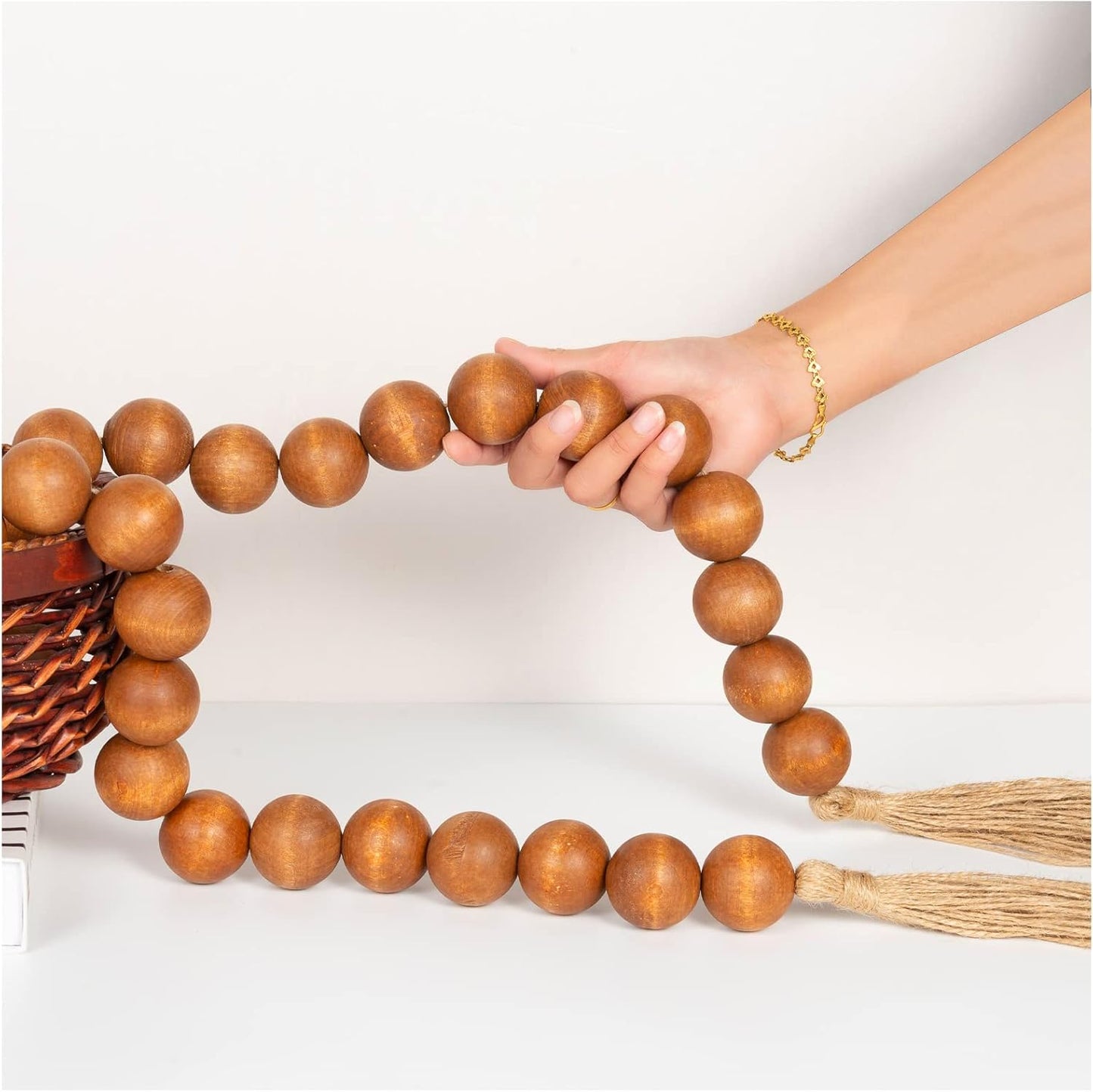 OMISHE Extra Large Wood Bead Garland with 1.6" Diameter Wooden Beads and Tassels, 41" Long Rustic Farmhouse Country Decorative Beads for Home Tiered Tray Decor, Natural Beige