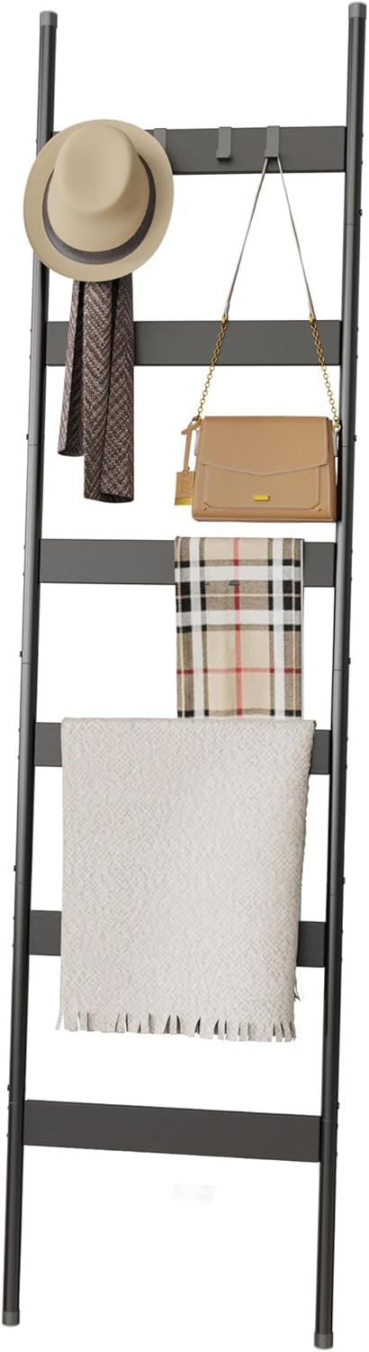 Blanket Ladder, 5-Tier Towel Holder with 4 Removable Hooks, Farmhouse Wall Leaning Decorative Rack Shelf, Wooden Towel Display Rack, Quilt Ladder for Living Room, Bedroom, Rustic Brown