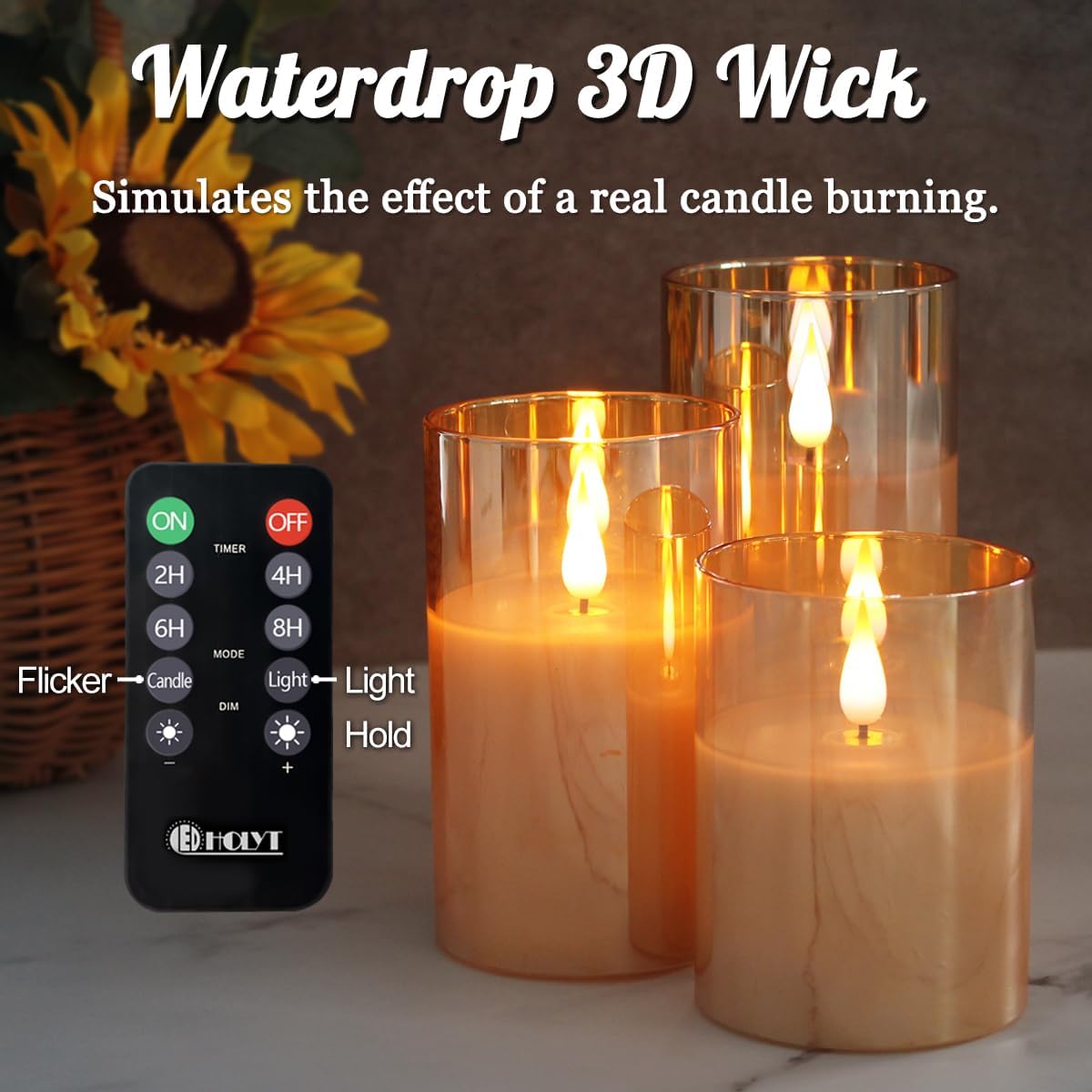 Rechargeable Flameless Glass Pillar Candles–Gifts for Women,–Set of 3, Realistic Flickering LED Light,Remote & Timer, Ideal for Living Room, Bedroom & Festival Wedding Home Party Decor
