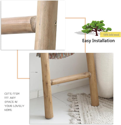 FUIN 57in Wood Blanket Ladder Living Room Decorative Wall Leaning Farmhouse Quilt Display Holder Rustic Wooden Towel Rack for Bathroom, Brown