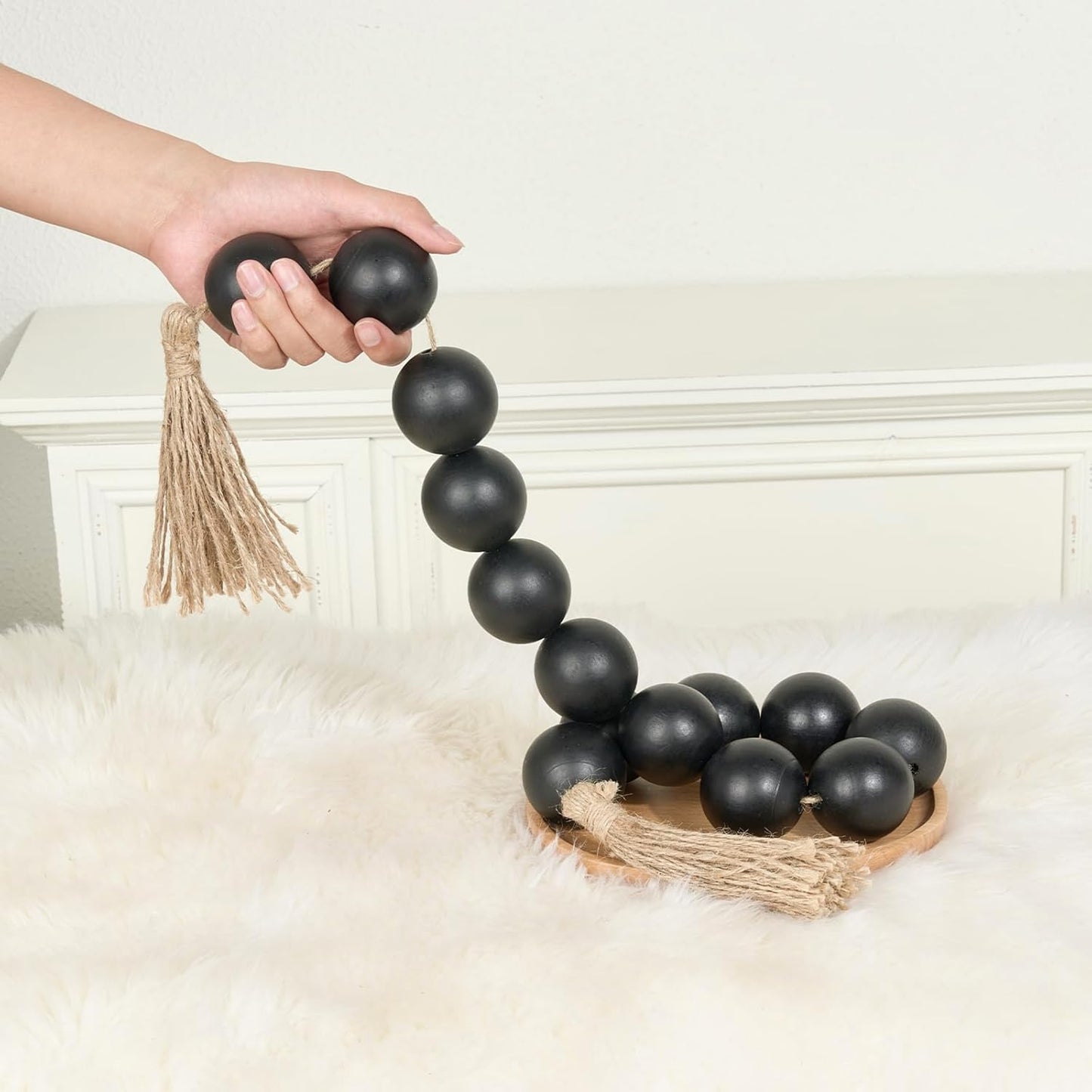 OMISHE Extra Large Wood Bead Garland with 2" Diameter Wooden Beads, 25.5" Long Rustic Farmhouse Decorative Wooden Beads Garland with Tassels, Boho Decorations for Home Table Mantle, Black