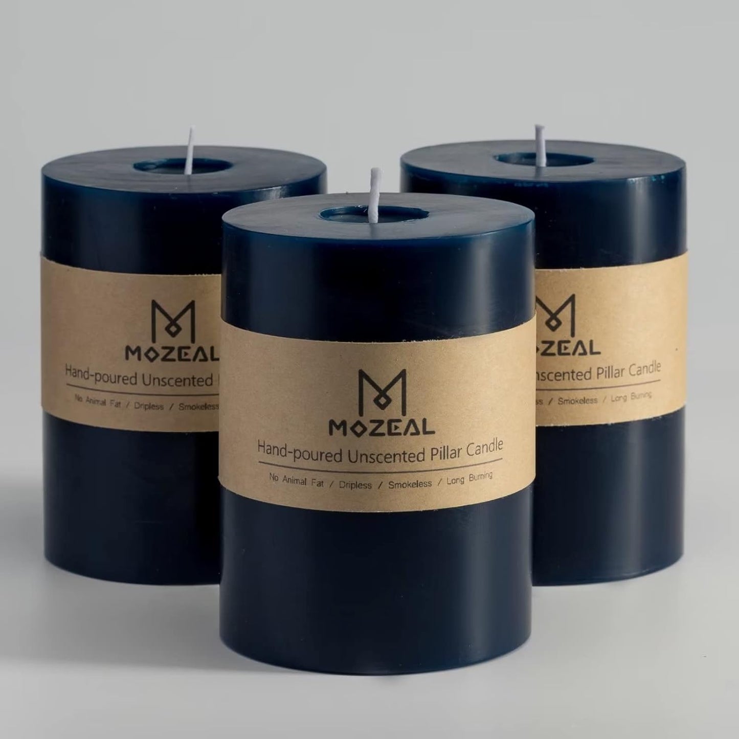 MOZEAL 3" x 4" Hand-Poured Unscented Candle,Dripless Pillar Candle Set of 3,Long Clean Burning,Approx 72 Hours Burn Time,Rustic Country Style,Wedding,Dinner,Christmas and Home Decor,White
