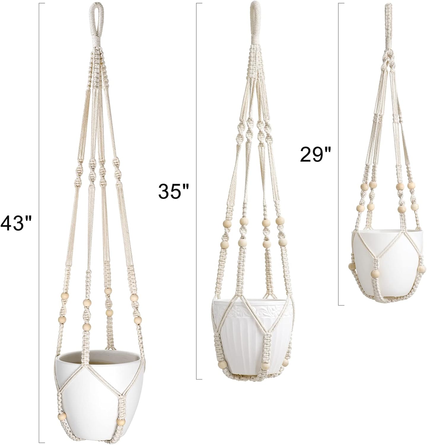 Mkono 3 Pack Macrame Plant Hangers Indoor Different Size Hanging Planter Basket Flower Pot Holder with Beads No Tassels 35"/29"/23", Medium, Brown