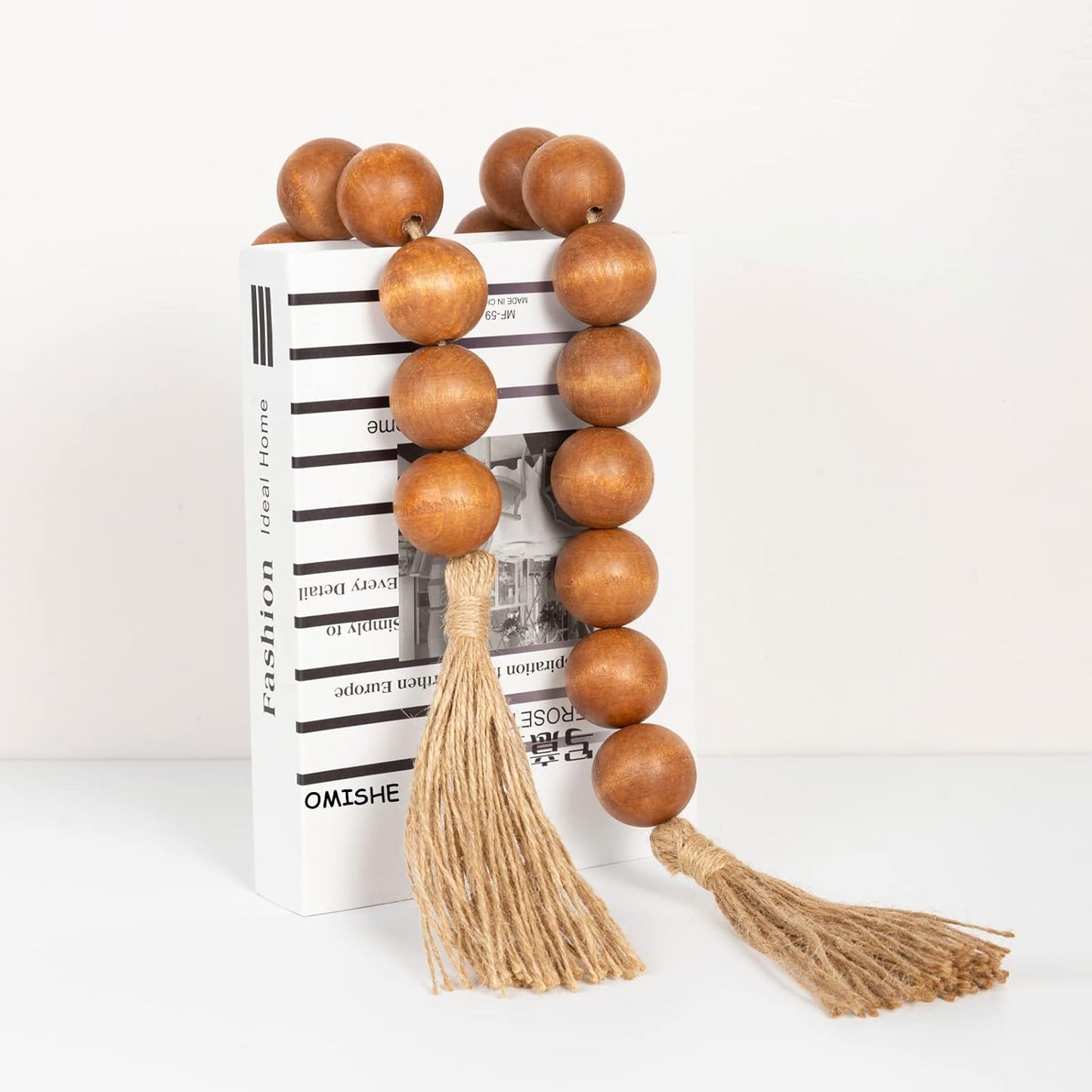 OMISHE Extra Large Wood Bead Garland with 1.6" Diameter Wooden Beads and Tassels, 41" Long Rustic Farmhouse Country Decorative Beads for Home Tiered Tray Decor, Natural Beige