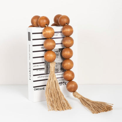 OMISHE Extra Large Wood Bead Garland with 1.6" Diameter Wooden Beads and Tassels, 41" Long Rustic Farmhouse Country Decorative Beads for Home Tiered Tray Decor, Natural Beige