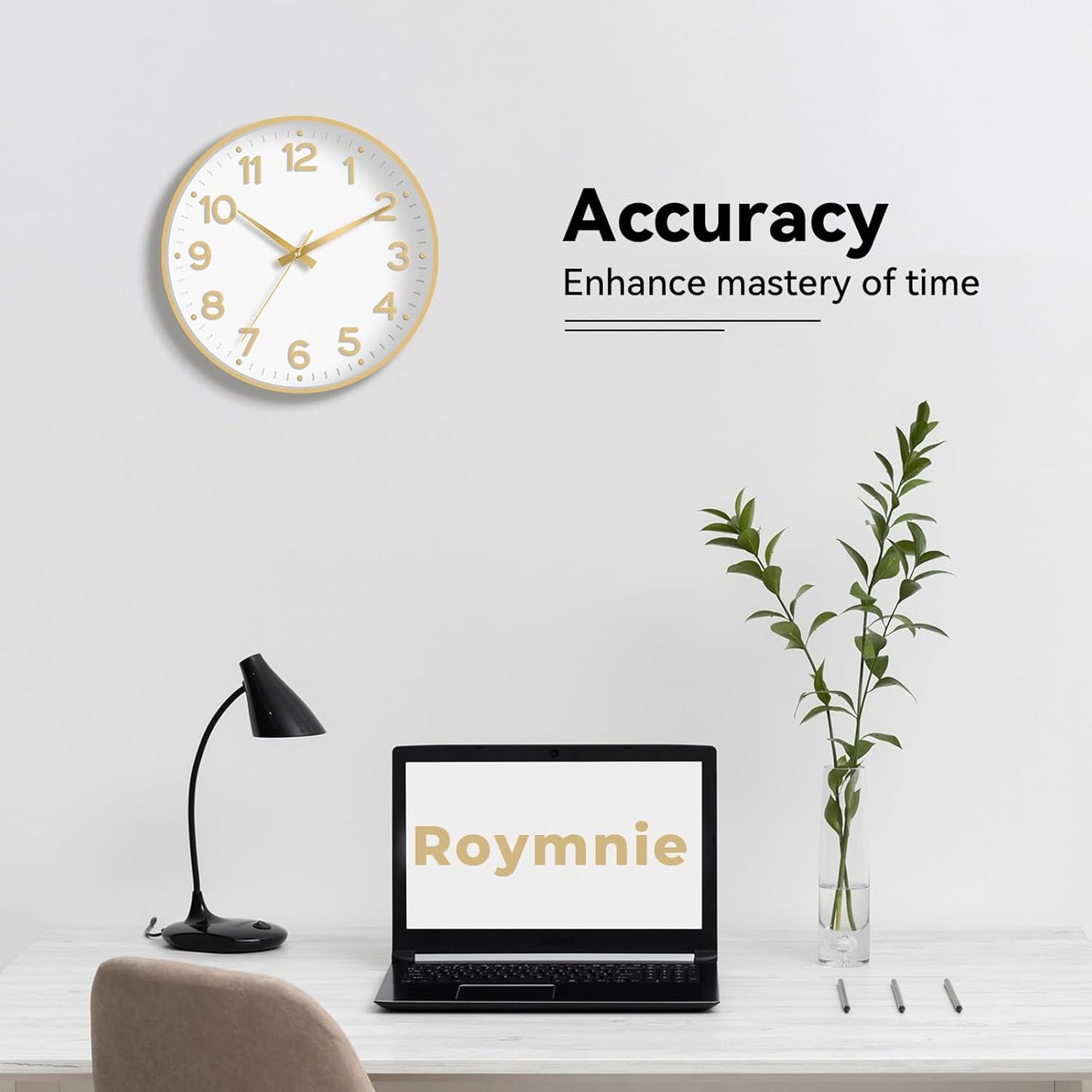 Roymnie Wall Clock Green, Silent Wall Clocks Battery Operated 8 Inch-Modern Non Ticking Analog Clock Decorative for Kitchen Office Bathroom Bedroom(Gold)