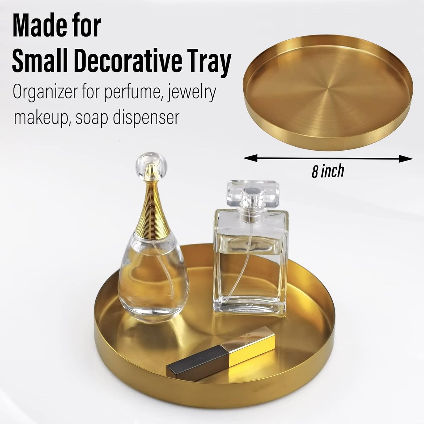 FREELOVE Gold Tray, Round Brass Serving Platter, Bar Circle Decorative Plate, Coffee Table Metal Decor Dishes, Brushed Hammered Coasters, Counter Bathroom Kitchen Dessert Cart Display Food, 12 inch