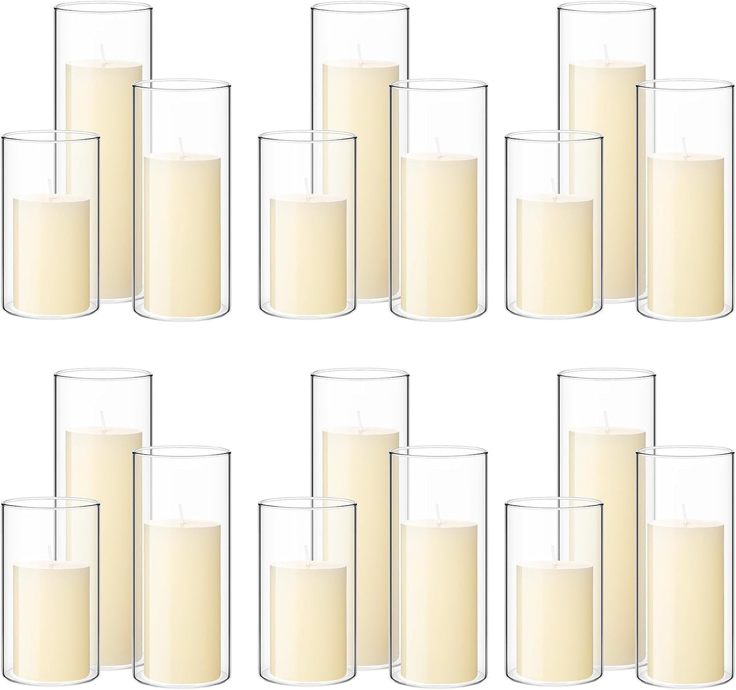 Shihanee 36 Pcs Pillar Candles and Glass Cylinder Vases Tall Cylinder Holders for Pillar Candles Wedding Centerpieces, Total 18 Sets(2.6'' X 4.7'', 5.9'', 7.9'',Clear,Ivory)