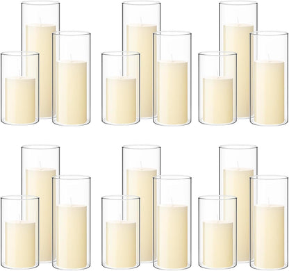 Shihanee 36 Pcs Pillar Candles and Glass Cylinder Vases Tall Cylinder Holders for Pillar Candles Wedding Centerpieces, Total 18 Sets(2.6'' X 4.7'', 5.9'', 7.9'',Clear,Ivory)