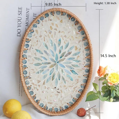 14.5 Inch Serving Tray for Coffee Table Ottoman Décor Tray for Living Room Mother of Pearl Inlay Rattan Centerpiece Tray for Candle Holder, Flower, Coffee, Bread, Fruit (Large)