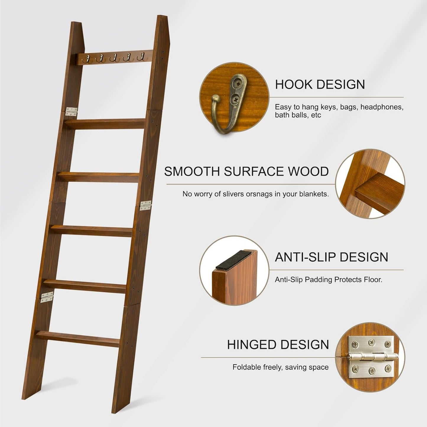 TEAKMAMA 6-Tier Blanket Ladder for Living Room and Bedroom,5.4 Ft Wall Leaning Quilt Rack with Hooks,Rustic Decorative Farmhouse Blanket Storage,Stylish Ladder Holder,Christmas Decorations,Black