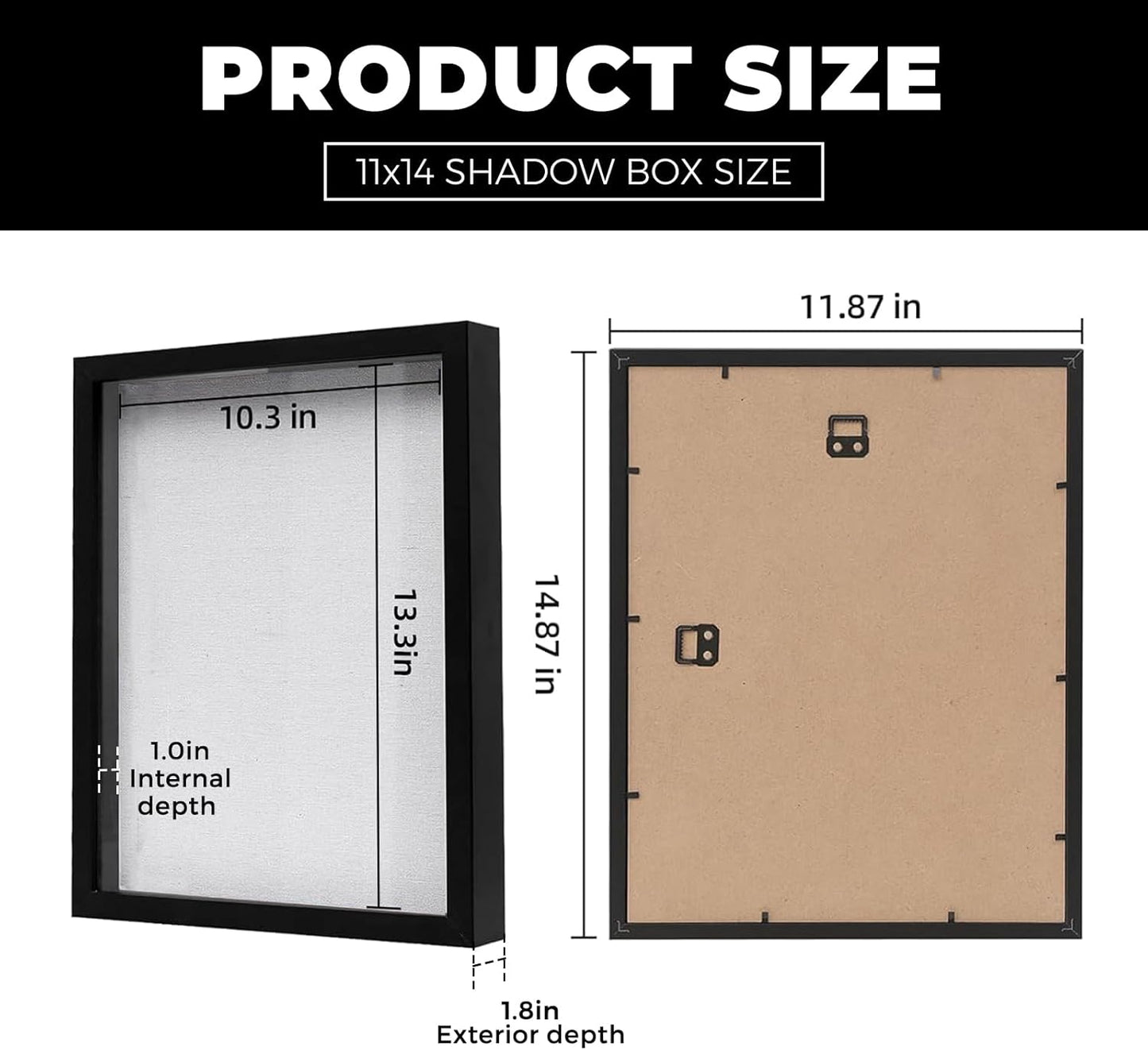 Muzilife 8x8 Shadow Box Picture Frame with Linen Board - Deep Wood & Glass Display Case Ready to Hang Memory Box Baby Sports Memorabilia, Pins, Awards, Medals, Wedding, Tickets and Photos (Black)