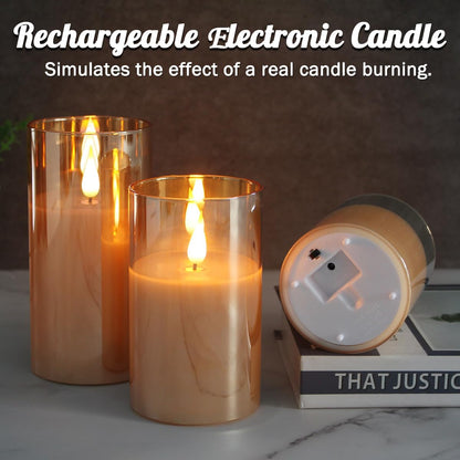 Rechargeable Flameless Glass Pillar Candles–Gifts for Women,–Set of 3, Realistic Flickering LED Light,Remote & Timer, Ideal for Living Room, Bedroom & Festival Wedding Home Party Decor