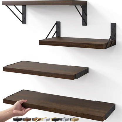 BAYKA Wall Mounted Floating Bathroom Shelves, Wood Wall Shelf for Bathroom Essentials & Decor, Space-Saving Display & Organizer (Black, Set of 4)