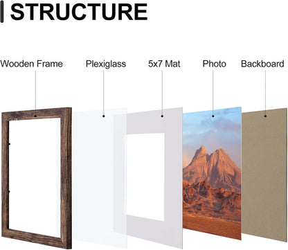 Vittanly 8x10 Picture Frames Set of 9, Shatter Resistant Plexiglass, Display 5x7 Pictures with Mat or 8x10 without Mat, Photo Frames for Wall or Tabletop, Engineered Wood, Black - Colors A