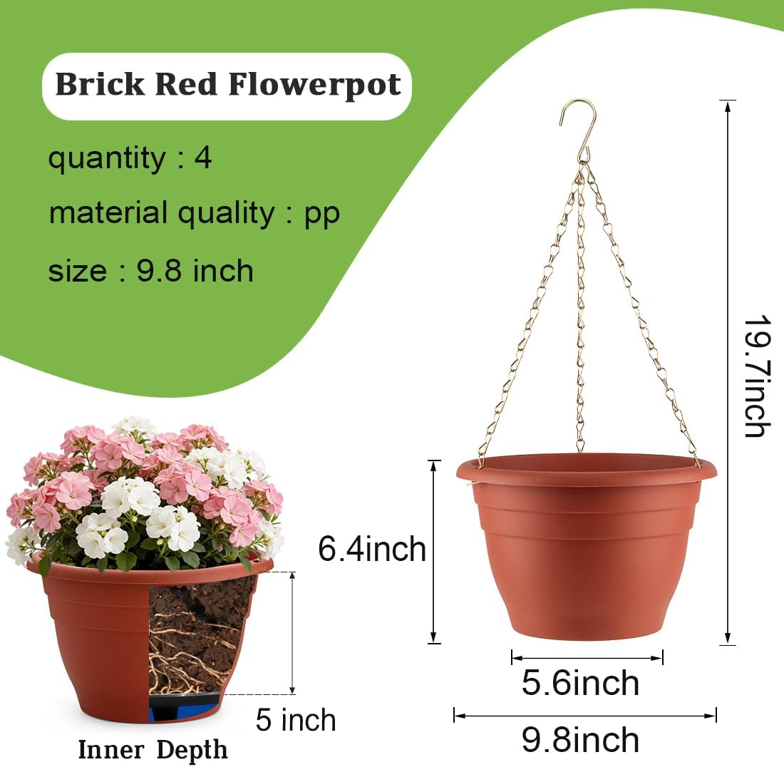 RooTrimmer Hanging Planters for Indoor Outdoor Plants 8 and 10 Inch, 4 Packs Hanging Flower Pot with Drainage Holes, Self-Watering Hanging Basket Perfect for Home, Office and Garden, White