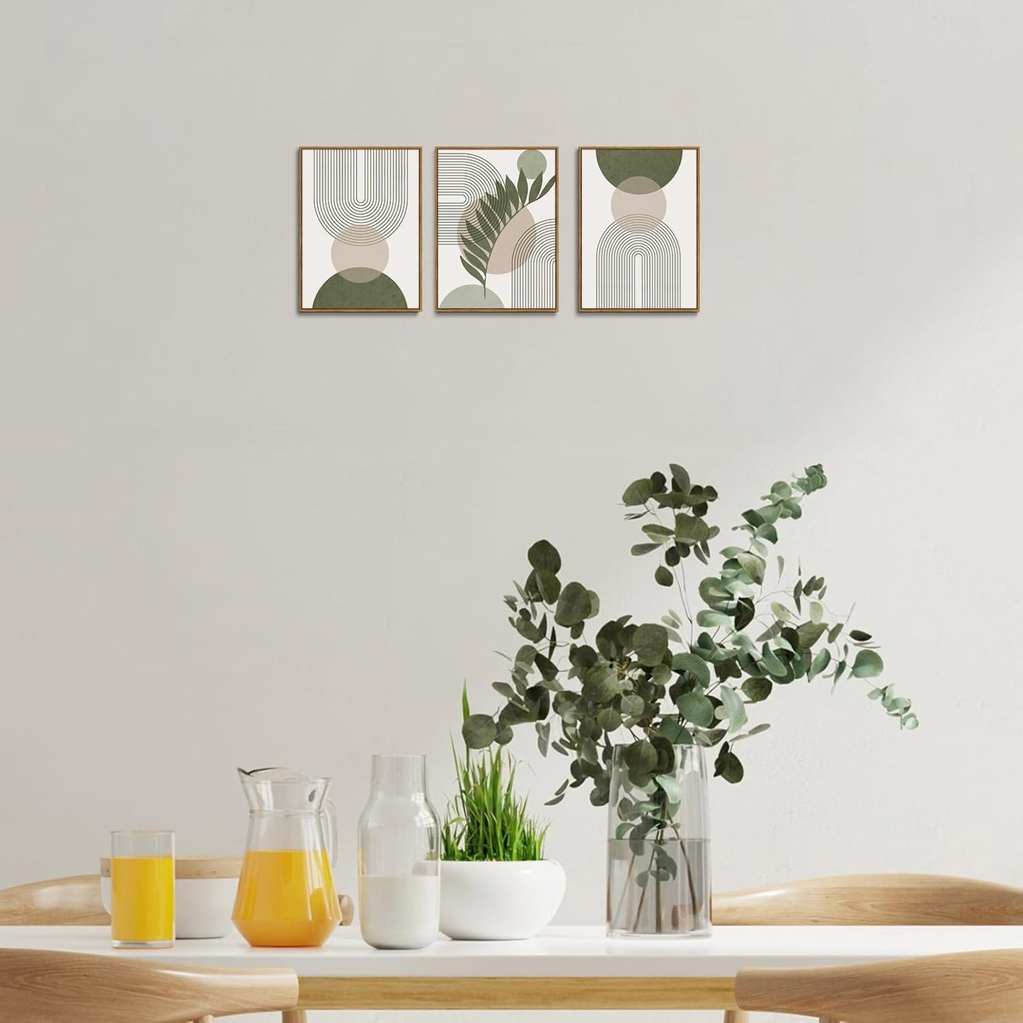 Bwodke Boho Wall Art, Framed Abstract Wall Art, Green Botanical Neutral Canvas Wall Decor, Large Mid Century Plant Pictures Set of 3, Modern Minimalist Paintings, for Bedroom Living Room Bathroom