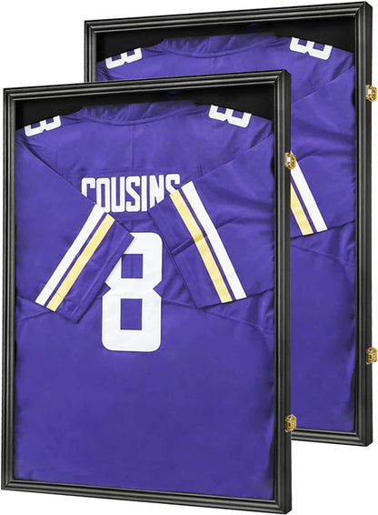 Large Lockable Jersey Frame Display Case Wall Mount, T-Shirt Shadow Box with Clear UV-Protective Acrylic, Hangers Linen Backing for Football, Basketball, Baseball
