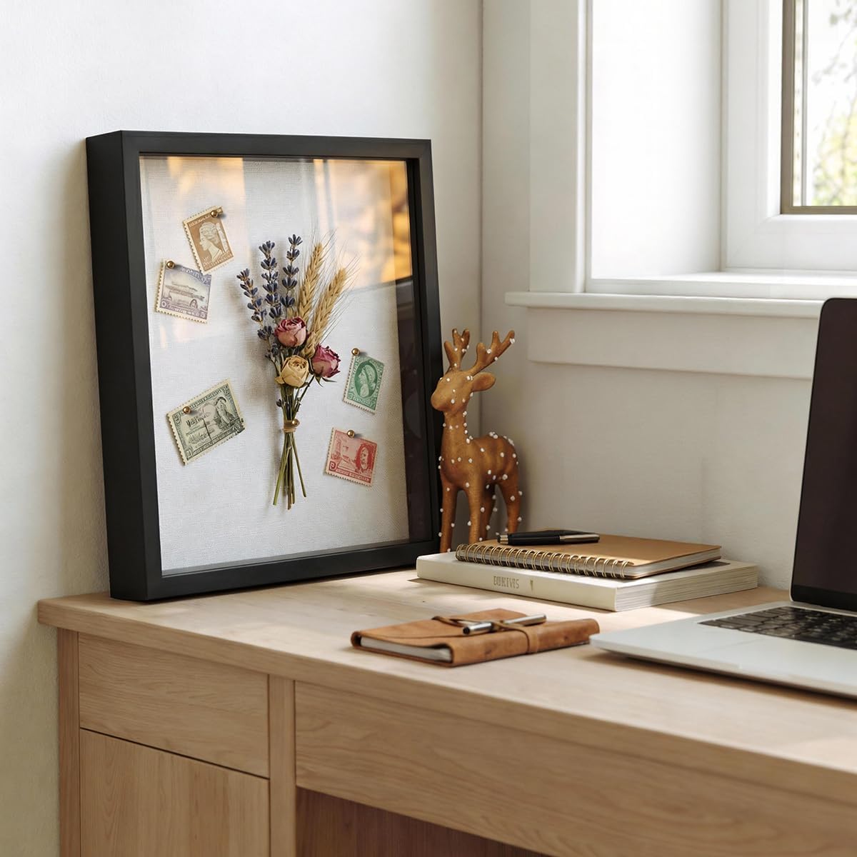 8x8 Shadow Box Frame | Soft Linen Back & Push Pins Included, Polystyrene Glass Memory Display Case for Flowers, Tickets & Cherished 3D Items, White