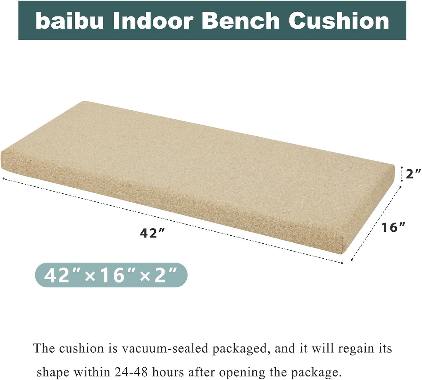 baibu 48 Inch Bench Cushion, Dual-Layer Design Memory Foam Indoor Bench Cushion, Non-Slip Standard Size Rectangle Seat Pad with Ties, 48x16x2Inch, Beige