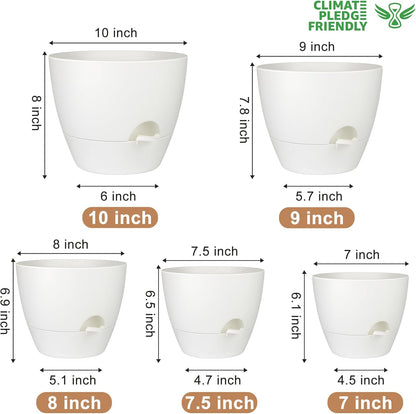 QRRICA Plant Pots 10/9/8/7.5/7 Inch Self Watering Pots, Set of 5 Plastic Planters with Drainage Holes and Saucers,Plastic Flower Pots,Nursery Planting Pot for Indoor Out Door Plants（Green）