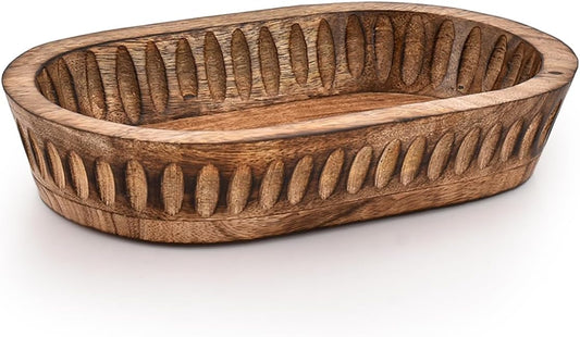 Kaizen Casa Decorative Bowl Mango Wood for Home Decor, Unique Centerpiece Bowl, with Hand Carved Vertical Stripes for Home Decor, Bathroom, Kitchen Counter, & More (10" x 6" x 2")